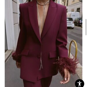 ZARA Feather Cuff Blazer Red Size Medium NEW